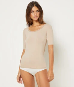 T-Shirt Mit Kurzen Ärmeln, Thermostrick SANDGELB -Damen mode Geschaft 653600492 6