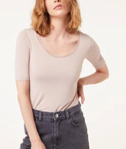 T-Shirt Mit Kurzen Ärmeln, Thermostrick SANDGELB -Damen mode Geschaft 653600492 c