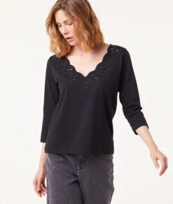 T-Shirt Mit Langen Ärmeln Und Durchbrochenen Details SCHWARZ -Damen mode Geschaft 653791505 c