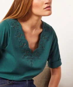 T-Shirt Mit 3/4-Ärmeln Und Gestickten Details GRÜN 9 T-Shirt Mit 3/4-Ärmeln Und Gestickten Details GRÜN -Damen mode Geschaft 653791546 6
