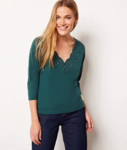 T-Shirt Mit 3/4-Ärmeln Und Gestickten Details GRÜN 11 T-Shirt Mit 3/4-Ärmeln Und Gestickten Details GRÜN -Damen mode Geschaft 653791546 c