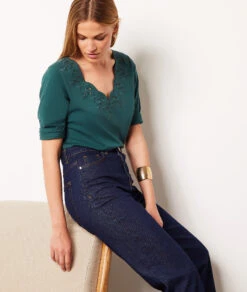 T-Shirt Mit 3/4-Ärmeln Und Gestickten Details GRÜN