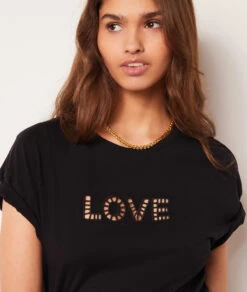 Top Mit Kurzen Ärmeln, Durchbrochen, „love“ SCHWARZ 10 Top Mit Kurzen Ärmeln, Durchbrochen, „love“ SCHWARZ -Damen mode Geschaft 653823305 b