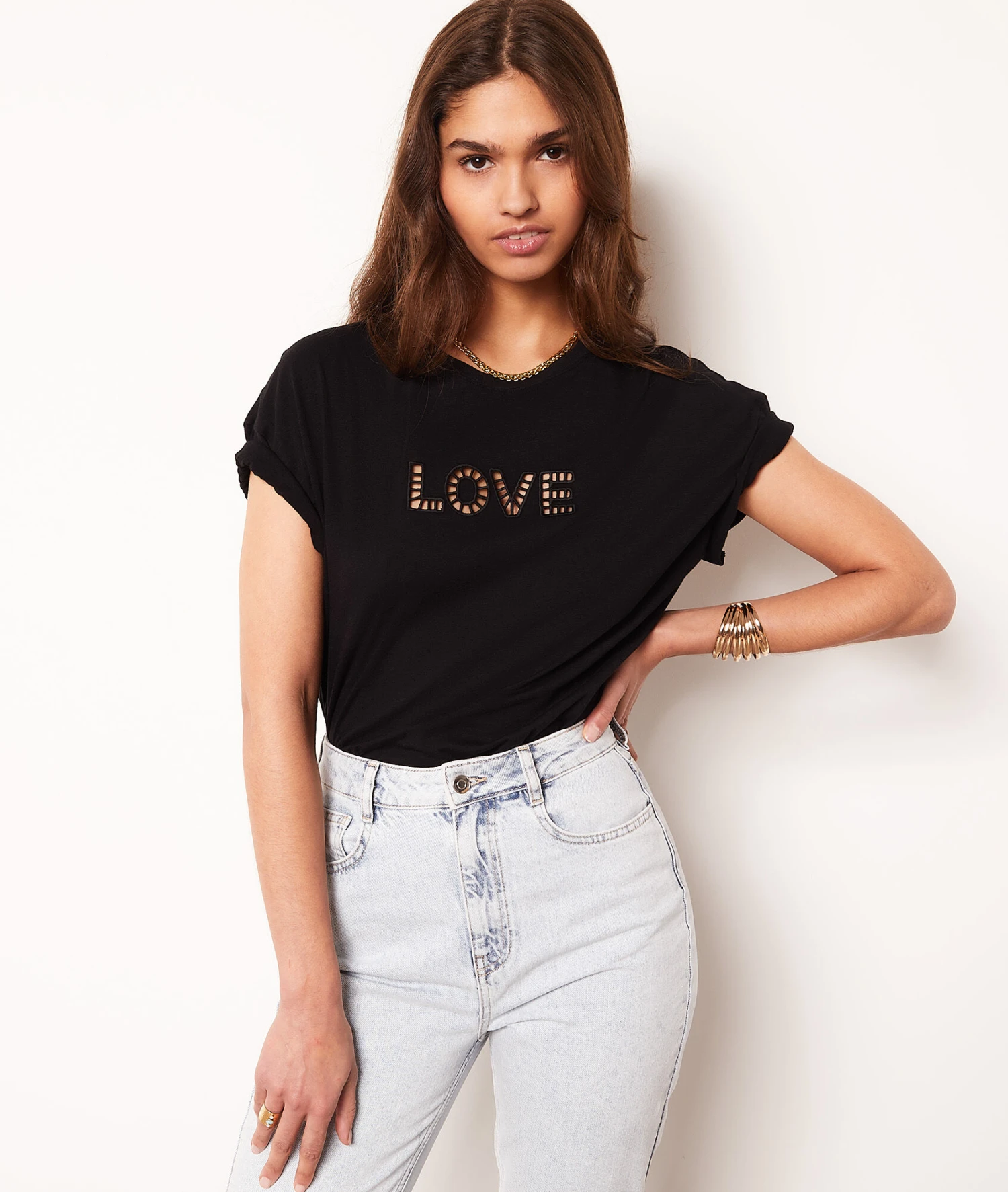 Top Mit Kurzen Ärmeln, Durchbrochen, „love“ SCHWARZ 3 Top Mit Kurzen Ärmeln, Durchbrochen, „love“ SCHWARZ