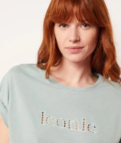 T-Shirt Mit Kurzen Ärmeln, 100 % Baumwolle SELADONGRÜN -Damen mode Geschaft 653823338 b