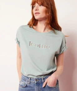 T-Shirt Mit Kurzen Ärmeln, 100 % Baumwolle SELADONGRÜN -Damen mode Geschaft 653823338 c