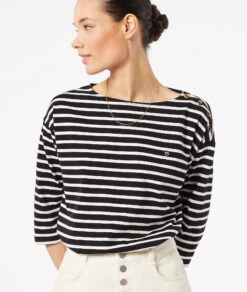 Gestreiftes T-Shirt Mit 3/4-Ärmeln SCHWARZ 11 Gestreiftes T-Shirt Mit 3/4-Ärmeln SCHWARZ -Damen mode Geschaft 653827805 c