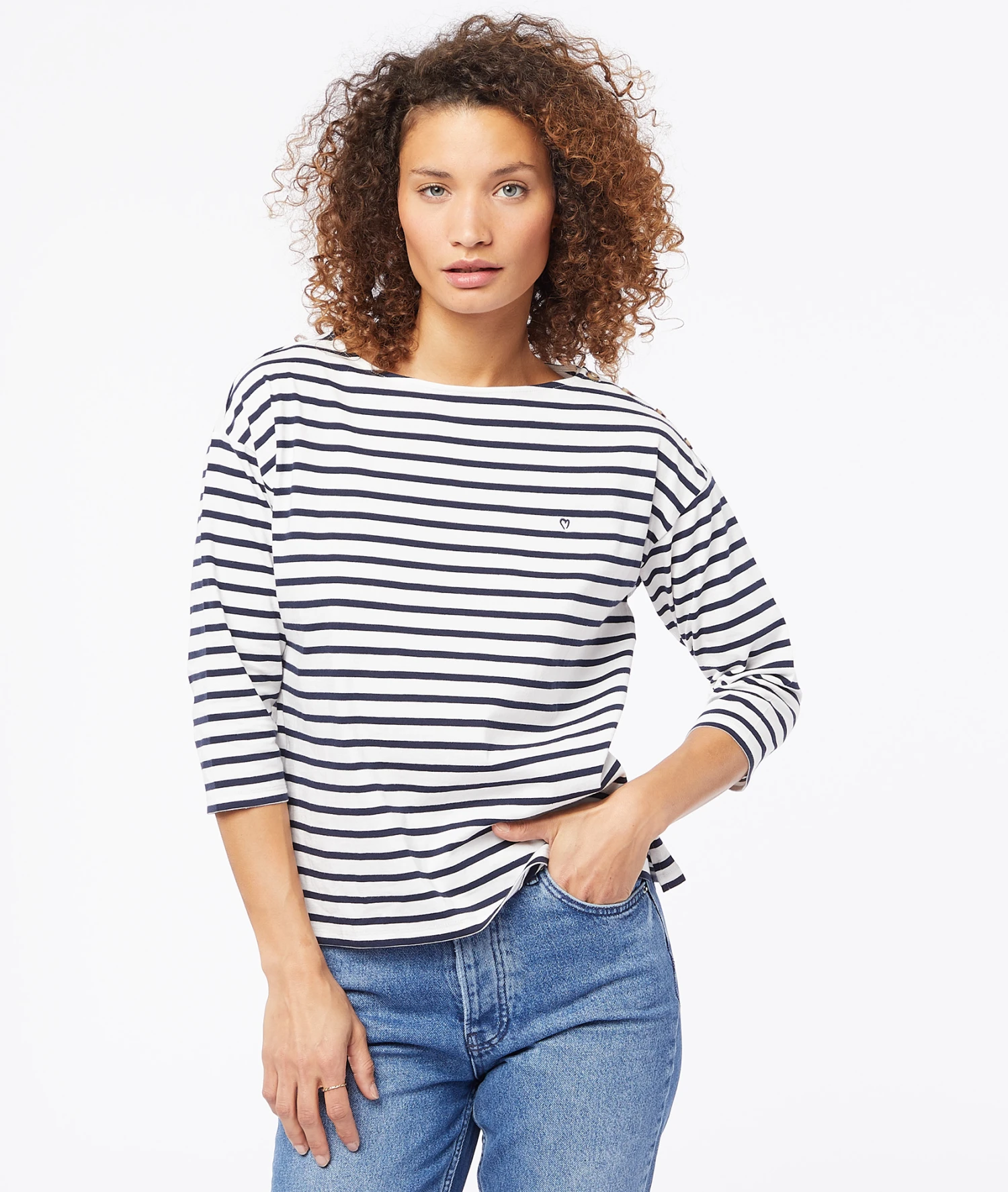 Gestreiftes T-Shirt Mit 3/4-Ärmeln MARINEBLAU 7 Gestreiftes T-Shirt Mit 3/4-Ärmeln MARINEBLAU – Bild 5