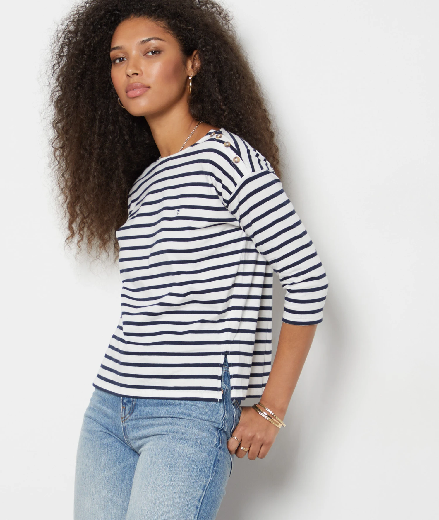 Gestreiftes T-Shirt Mit 3/4-Ärmeln MARINEBLAU 3 Gestreiftes T-Shirt Mit 3/4-Ärmeln MARINEBLAU