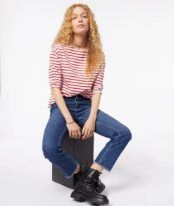 Gestreiftes T-Shirt Mit 3/4-Ärmeln Und Aus 100 % Baumwolle ROT -Damen mode Geschaft 653827873 6