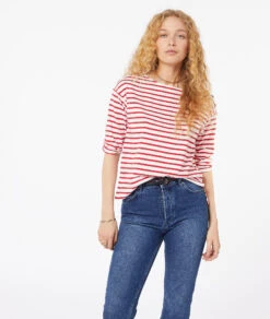 Gestreiftes T-Shirt Mit 3/4-Ärmeln Und Aus 100 % Baumwolle ROT -Damen mode Geschaft 653827873 c