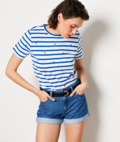 T-Shirt Mit Kurzen Ärmeln, 100 % Baumwolle MARINEBLAU -Damen mode Geschaft 653834025 6