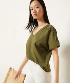 T-Shirt Mit Kurzen Ärmeln, 100 % Baumwolle KHAKI -Damen mode Geschaft 653933844 c