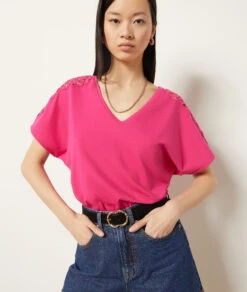 T-Shirt Mit Kurzen Ärmeln, 100 % Bio-Baumwolle FUCHSIA -Damen mode Geschaft 653933871 c