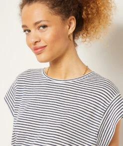 Gestreiftes T-Shirt Aus Leinenmischgewebe ECRU 10 Gestreiftes T-Shirt Aus Leinenmischgewebe ECRU -Damen mode Geschaft 653989180 b