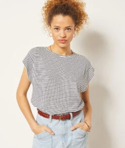 Gestreiftes T-Shirt Aus Leinenmischgewebe ECRU 11 Gestreiftes T-Shirt Aus Leinenmischgewebe ECRU -Damen mode Geschaft 653989180 c