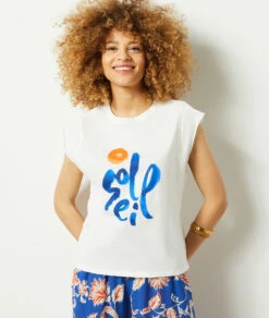 T-Shirt Mit Kurzen Ärmeln Und Print Sonne MARINEBLAU -Damen mode Geschaft 653990425 c