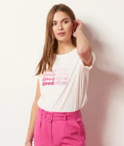 T-Shirt Mit Kurzen Ärmeln, 100 % Baumwolle ECRU -Damen mode Geschaft 653994580 c