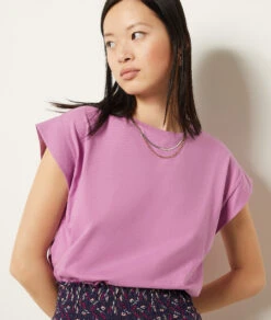 T-Shirt Mit Rundem Ausschnitt, 100 % Baumwolle FLIEDER