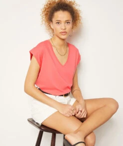 T-Shirt Mit V-Ausschnitt Aus 100 % Baumwolle ROSA 11 T-Shirt Mit V-Ausschnitt Aus 100 % Baumwolle ROSA -Damen mode Geschaft 654000674 c