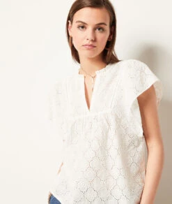 T-Shirt Mit Kurzen Ärmeln Mit Stickereien ECRU -Damen mode Geschaft 654003680 c