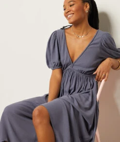 Langes Kleid Mit Freiem Rücken BLAUGRAU 9 Langes Kleid Mit Freiem Rücken BLAUGRAU -Damen mode Geschaft 654007221 6