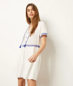 Kleid Mit Gestickten Details 100 % Baumwolle WEIß 9 Kleid Mit Gestickten Details 100 % Baumwolle WEIß -Damen mode Geschaft 654009801 6