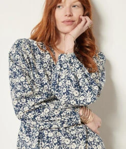 Kleid Mit Print, 100 % Baumwolle MARINEBLAU -Damen mode Geschaft 654015037 b