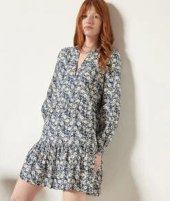 Kleid Mit Print, 100 % Baumwolle MARINEBLAU -Damen mode Geschaft 654015037 c