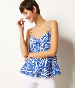 Caraco Mit Schmalen Trägern Und Print, 100 % Baumwolle BLAU