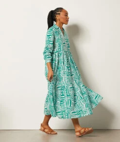 Langes Kleid Mit Print 100 % Baumwolle SMARAGDGRÜN -Damen mode Geschaft 654021743 6