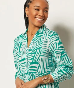 Langes Kleid Mit Print 100 % Baumwolle SMARAGDGRÜN -Damen mode Geschaft 654021743 b