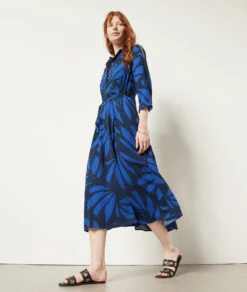 Langes Kleid Mit Bindegürtel MARINEBLAU -Damen mode Geschaft 654026537 6