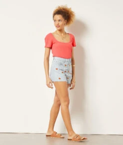 Clover Shorts Aus Jeansstoff Stickerei-Details, 100 % Baumwolle HIMMELBLAU -Damen mode Geschaft 654032221 6