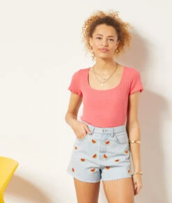 Clover Shorts Aus Jeansstoff Stickerei-Details, 100 % Baumwolle HIMMELBLAU -Damen mode Geschaft 654032221 b