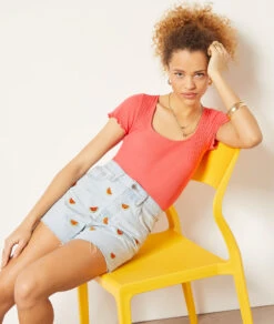 Clover Shorts Aus Jeansstoff Stickerei-Details, 100 % Baumwolle HIMMELBLAU -Damen mode Geschaft 654032221 c