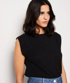 Top Mit Materialeffekt SCHWARZ -Damen mode Geschaft 654045505 b