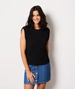 Top Mit Materialeffekt SCHWARZ