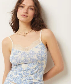 Caraco Mit Print, Dekolleté Aus Spitze ECRU