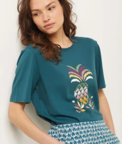T-Shirt Mit Ananas-Print TANNENGRÜN -Damen mode Geschaft 654064745 c