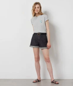 T-Shirt Mit V-Ausschnitt Und Kurzen Ärmeln, 100 % Baumwolle GRAU -Damen mode Geschaft 654066002 6