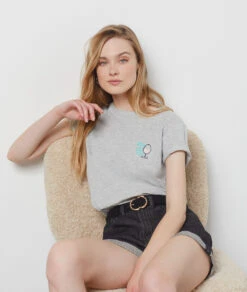 T-Shirt Mit V-Ausschnitt Und Kurzen Ärmeln, 100 % Baumwolle GRAU -Damen mode Geschaft 654066002 c