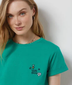 T-Shirt Mit Kurzen Ärmeln Aus Baumwolle GRÜN -Damen mode Geschaft 654066040 b