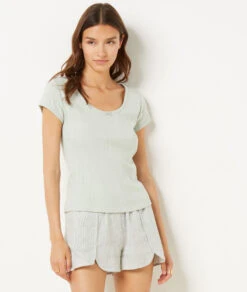 T-shirt En Maille Pointelle VERT -Damen mode Geschaft 654069746 c