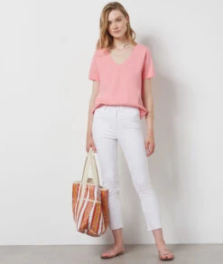 T-Shirt Mit V-Ausschnitt Und Kurzen Ärmeln, 100 % Baumwolle ROSA