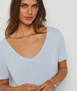 T-shirt Manches Courtes En Lin Mélangé BLEU CIEL 10 T-shirt Manches Courtes En Lin Mélangé BLEU CIEL -Damen mode Geschaft 654075126 b
