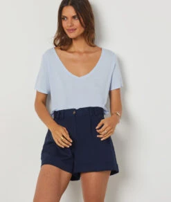 T-shirt Manches Courtes En Lin Mélangé BLEU CIEL 11 T-shirt Manches Courtes En Lin Mélangé BLEU CIEL -Damen mode Geschaft 654075126 c