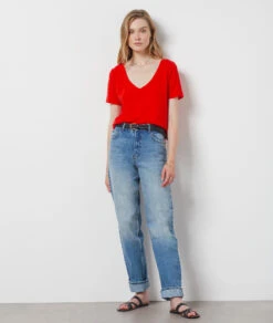 T-Shirt Mit Kurzen Ärmeln Aus Leinenmischgewebe ROT 9 T-Shirt Mit Kurzen Ärmeln Aus Leinenmischgewebe ROT -Damen mode Geschaft 654075173 6