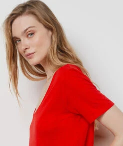 T-Shirt Mit Kurzen Ärmeln Aus Leinenmischgewebe ROT 11 T-Shirt Mit Kurzen Ärmeln Aus Leinenmischgewebe ROT -Damen mode Geschaft 654075173 c