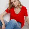 T-Shirt Mit Kurzen Ärmeln Aus Leinenmischgewebe ROT -Damen mode Geschaft 654075173 x